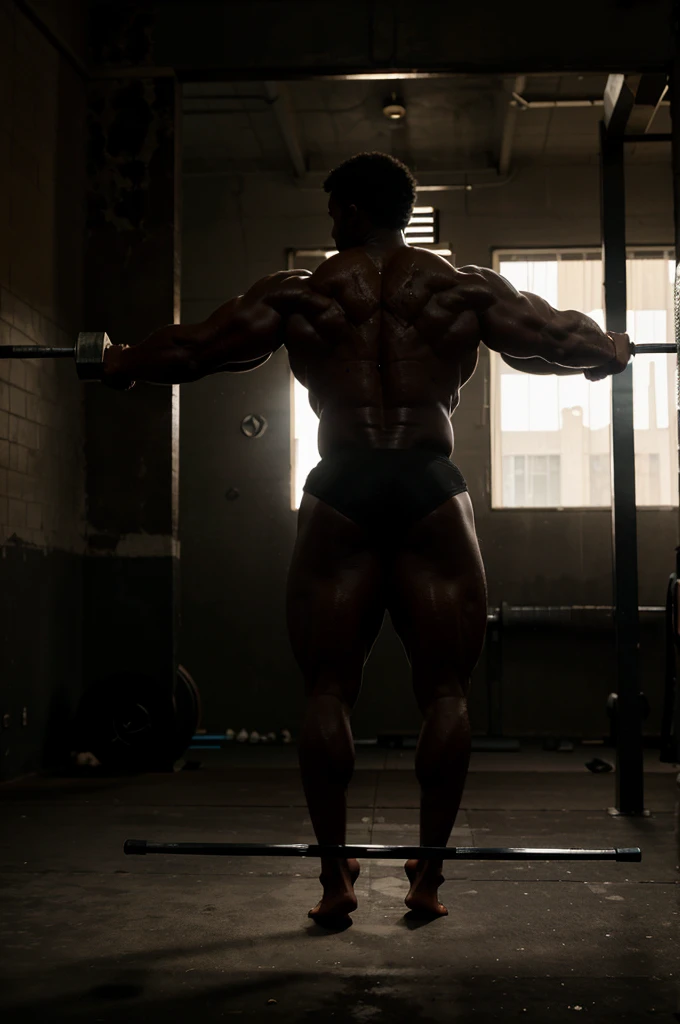 An intense black silhouette of a bodybuilder deadlifting a massive weight from the ground, their back straight and their determination radiating from the image.