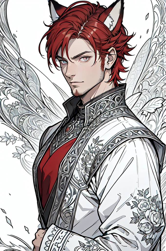 (masterpiece),(Very detailed),(Very detailed),(best quality), lineart, one man, fantasy character with fox ears, silver eyes, ((short red hair)), ((portrait)) tall, stunning, fantasy, beautiful face, animated style, perfect face, highest detail, stubble, detailed face, clothes, intricate details, fantasy background, expressionless, solo,