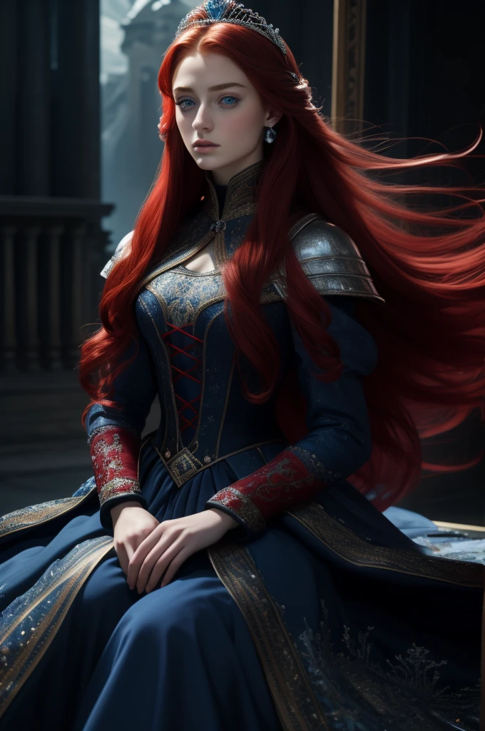 16 year old Sophie Turner, ultra detailed face, ultra detailed blue eyes, long red hair, (dress, long skirt), tiara, winter, (((masterpiece)))
