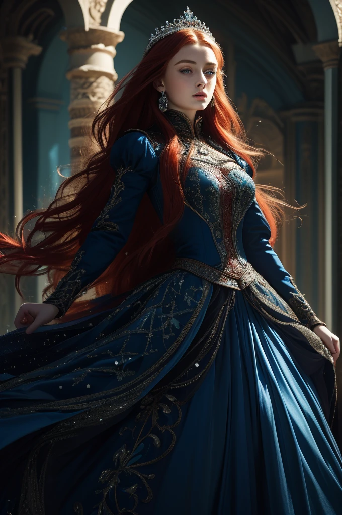 16 year old Sophie Turner, ultra detailed face, ultra detailed blue eyes, long red hair, (dress, long skirt), tiara, winter, (((masterpiece)))