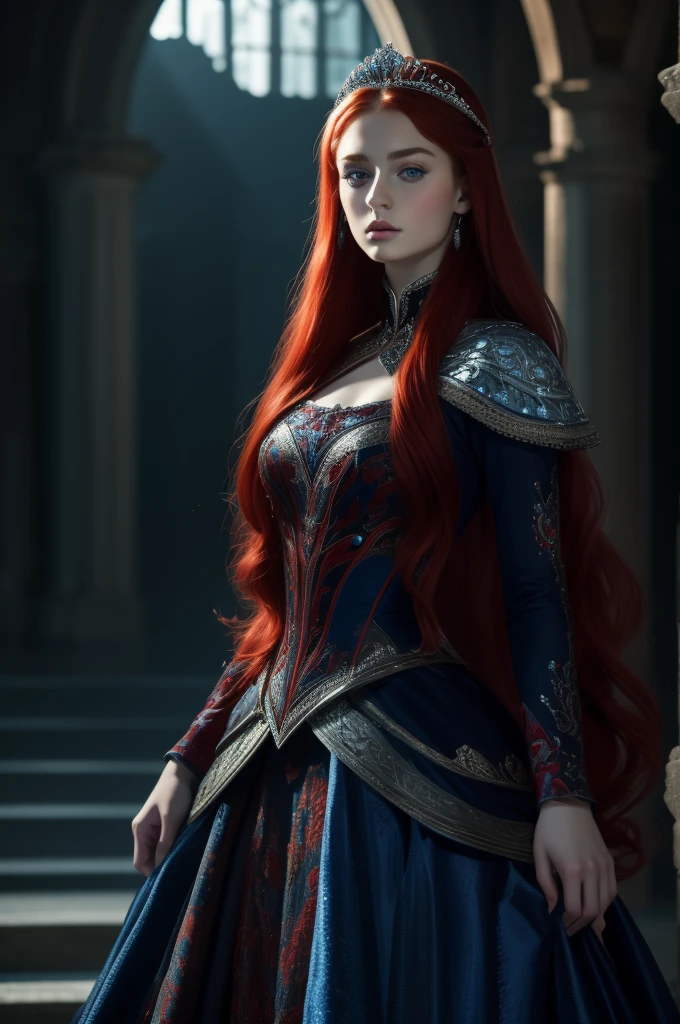 16 year old Sophie Turner, ultra detailed face, ultra detailed blue eyes, long red hair, (dress, long skirt), tiara, winter, (((masterpiece)))