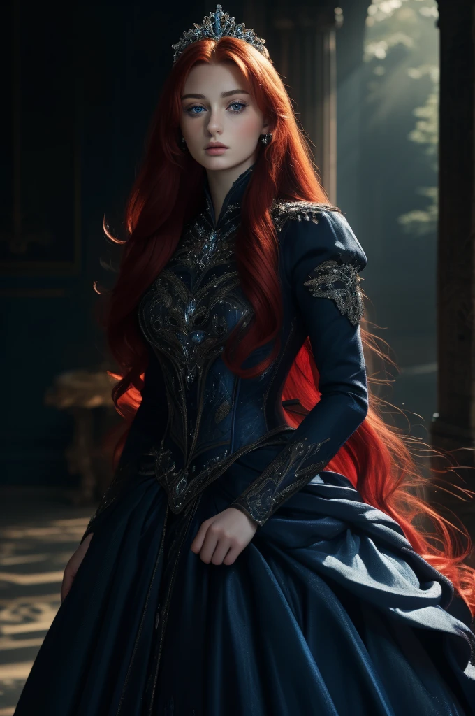  Sophie Turner, ultra detailed face, ultra detailed blue eyes, long red hair, (dress, long skirt), tiara, winter, (((masterpiece)))