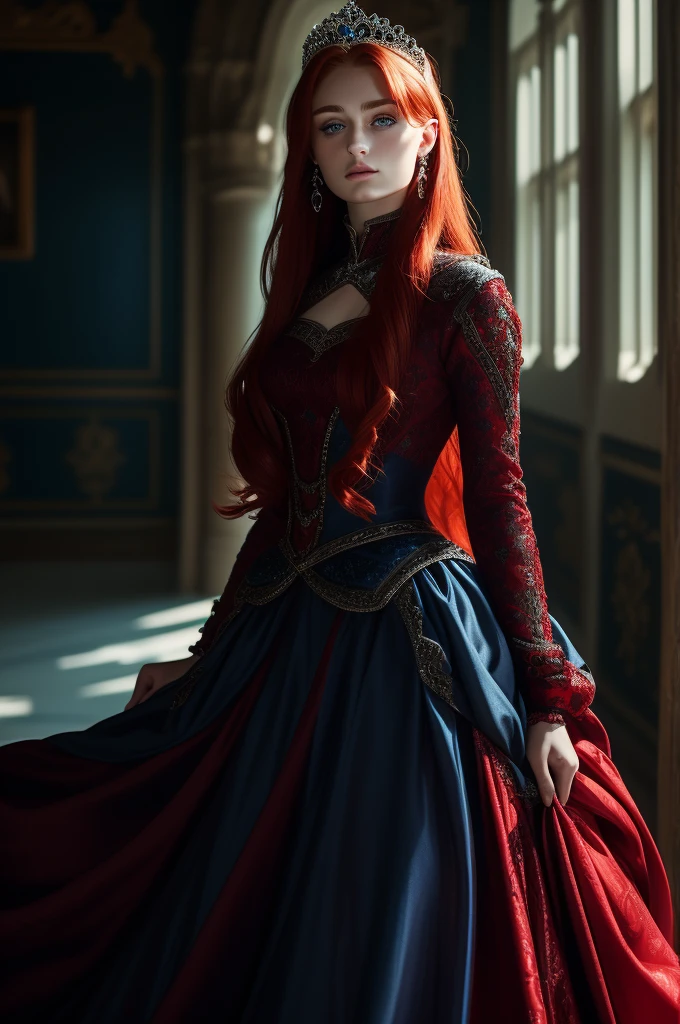 16 year old Sophie Turner, ultra detailed face, ultra detailed blue eyes, long red hair, (dress, long skirt), tiara, winter, (((masterpiece)))