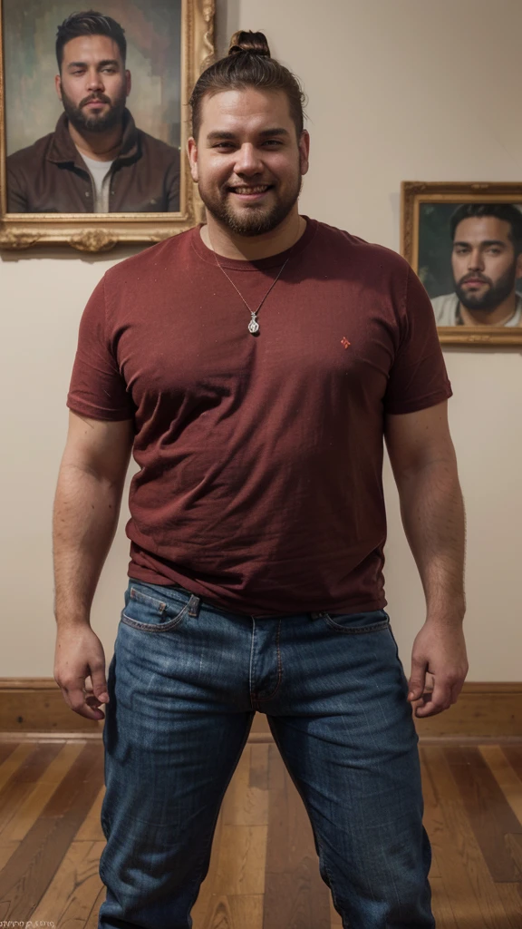 The best quality, Masterpiece, ultra-high-resolution, portrait, (photorealistic:1.4), RAW photo, Handsome manly overweight man, posing in the art gallery, smile, top knot, with smooth crew neck t-shirt red color basic, jeans jeans, Boots, barba, detailed facial textures