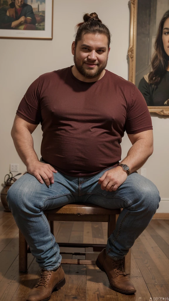 The best quality, Masterpiece, ultra-high-resolution, portrait, (photorealistic:1.4), RAW photo, Handsome manly overweight man, posing in the art gallery, smile, top knot, with smooth crew neck t-shirt red color basic, jeans jeans, Boots, barba, detailed facial textures
