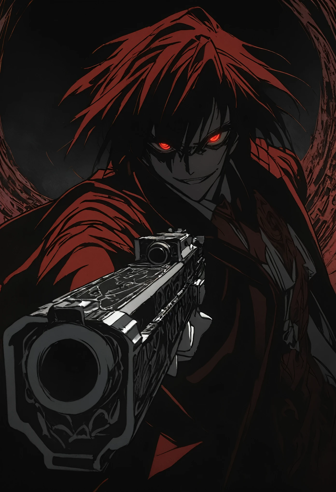 Alucard from "Hellsing" in close-up, in high quality.  Fisheye effect, focusing the image on the barrels of their distinctive engraved pistols, the Jackal and the Casull, pointing directly at the viewer.  The image shows his iconic red outfit in great detail, with the crimson coat fluttering slightly in the wind, and his white gloves with pentagrams clearly visible.  In the background, his face is clearly seen, with crimson eyes shining with malice and a cynical smile that reveals his sharp fangs.  The atmosphere is dark and oppressive, with high contrast to intensify his aura of terror.((dual weapons))