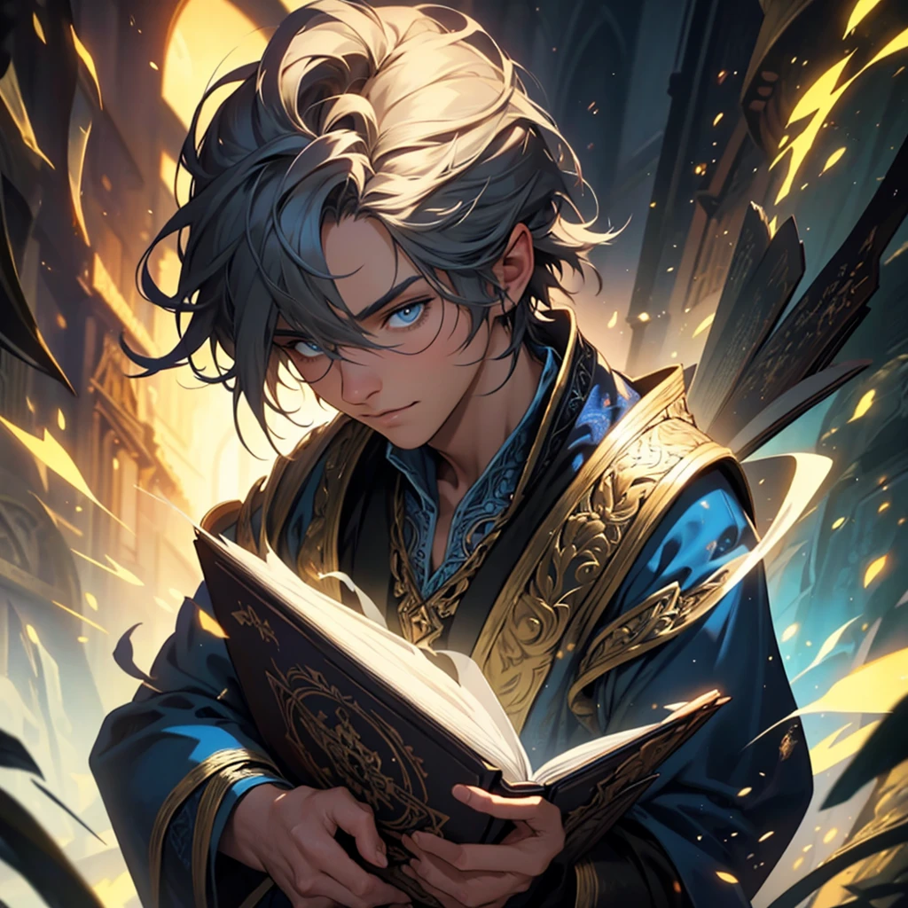 a man with short messy hair wearing wizard clothes holding a magic book, magical background, highly detailed, intricate, cinematic lighting, dramatic shadows, fantasy, digital art, concept art, vibrant colors, dynamic composition, photorealistic, 8K, best quality, masterpiece