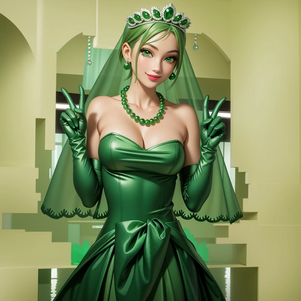 Emerald tiara, Green Pearl Necklace, ボーイッシュな非常に短いGreen Hair, Green Lips, Smiling Japanese woman, Very short hair, Busty beautiful lady, Green Eyes, Green satin long gloves, Green Eyes, Emerald Earrings, Green veil, all of, Green Hair, Beautiful Japanese Women, green lip gloss