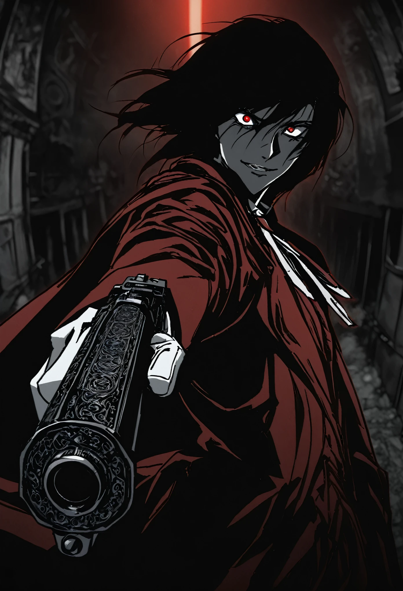 Alucard from "Hellsing" in close-up, in high quality.  Fisheye effect, focusing the image on the barrels of their distinctive engraved pistols, the Jackal and the Casull, pointing directly at the viewer.  The image shows his iconic red outfit in great detail, with the crimson coat fluttering slightly in the wind, and his white gloves with pentagrams clearly visible.  In the background, his face is clearly seen, with crimson eyes shining with malice and a cynical smile that reveals his sharp fangs.  The atmosphere is dark and oppressive, with high contrast to intensify his aura of terror.((dual weapons))