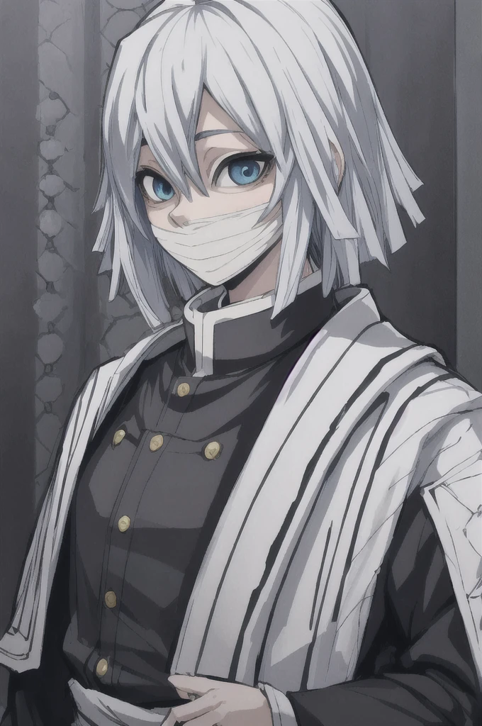 girl with short white hair, blue eyes, demon slayer uniform, black haori, highly detailed high contrast hd masterpiece of best quality in high resolution