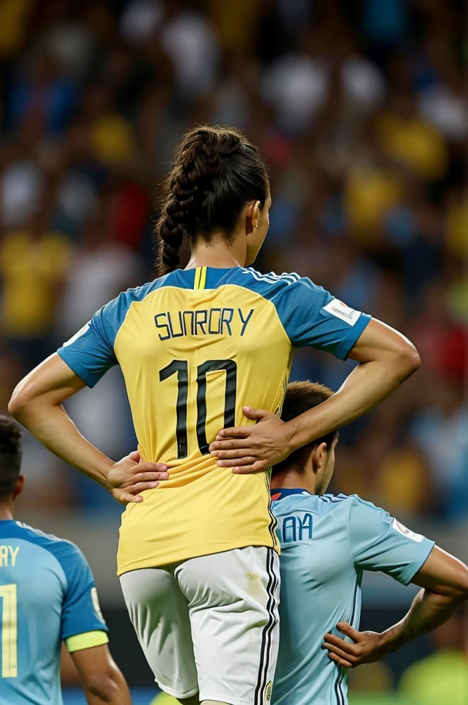 A woman with her back turned in the Colombia vs Argentina match, and on his Colombian shirt put the name Sirley