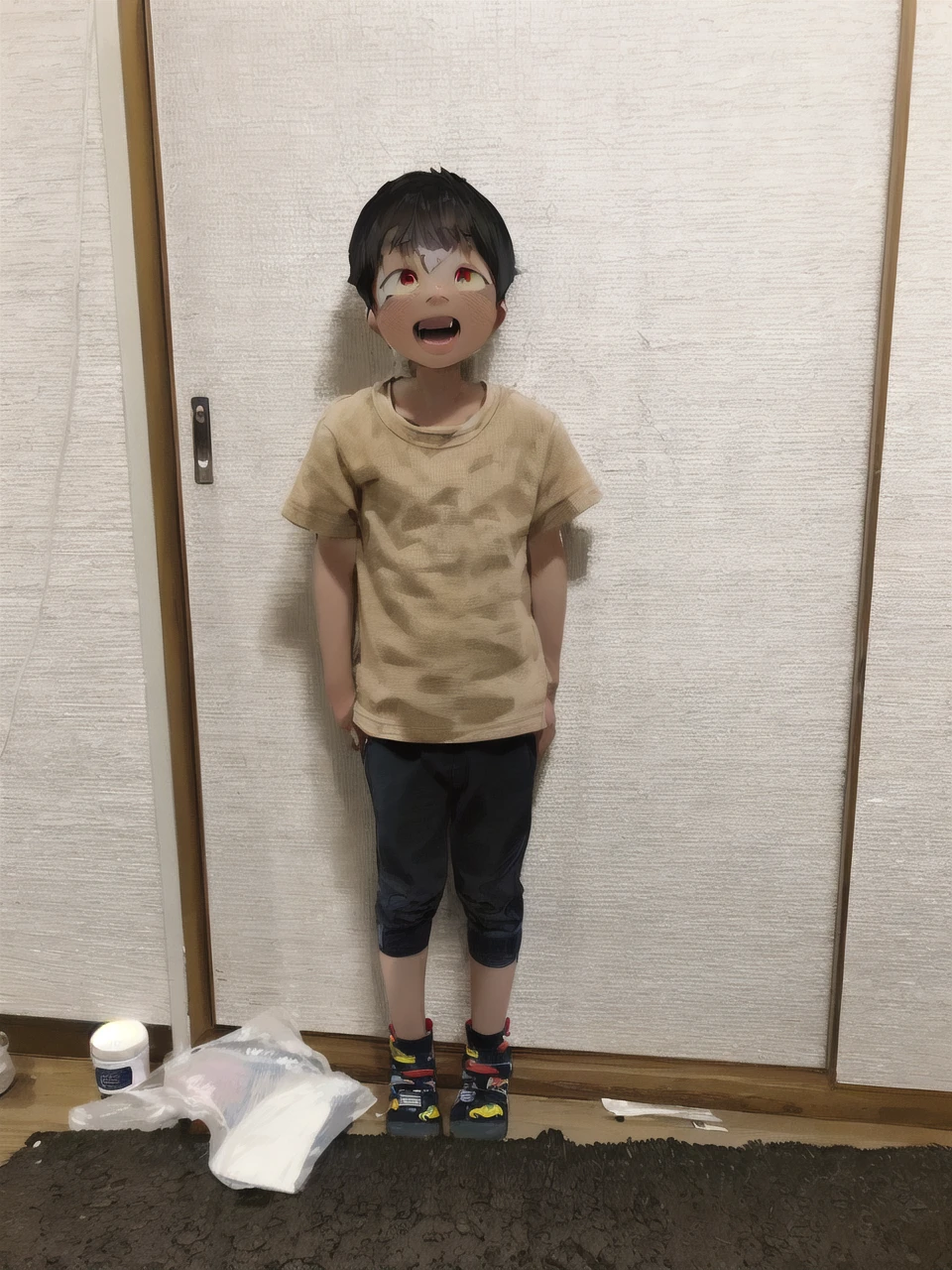 1 boy,more details in eyes,cute,looking at viewer, adorabel boy,cute face,details sky,handsome,young,juvenile,((masterpiece:1.4,best quality)),multiple details,colorful hair,eyeshadow,sfw, (red \(pokemon\):0.6), black hair
black shirt, red vest, red hat, jeans,yellow backpack
thebrushking,