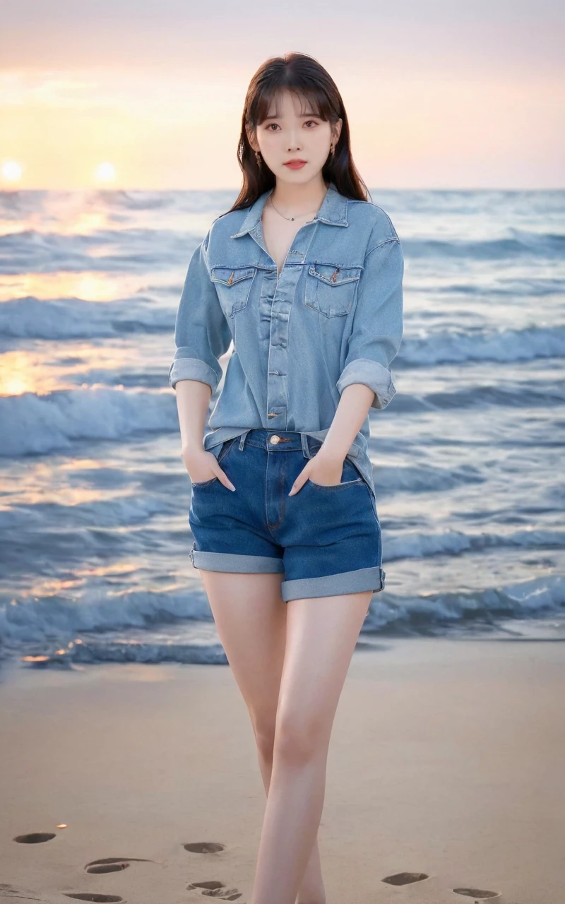 a woman in denim shorts posing on the beach at sunset, Lee Ji Eun, hot with shining sun, hwang se - on, casual pose, lee ji-eun, lee ji - eun, gorgeous young korean woman, korean girl, beautiful young korean woman, korean women's fashion model, sakimichan, IU