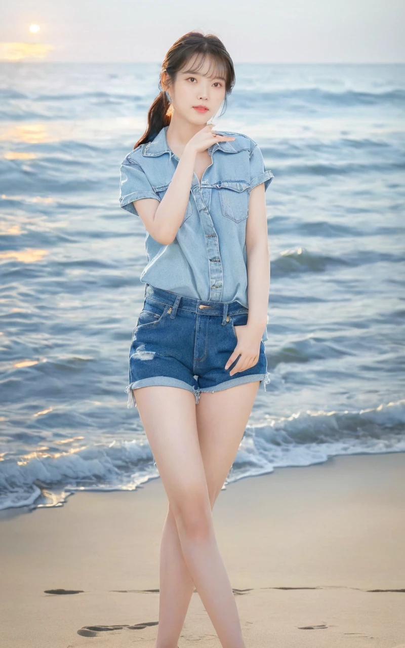 a woman in denim shorts posing on the beach at sunset, Lee Ji Eun, hot with shining sun, hwang se - on, casual pose, lee ji-eun, lee ji - eun, gorgeous young korean woman, korean girl, beautiful young korean woman, korean women's fashion model, sakimichan, IU