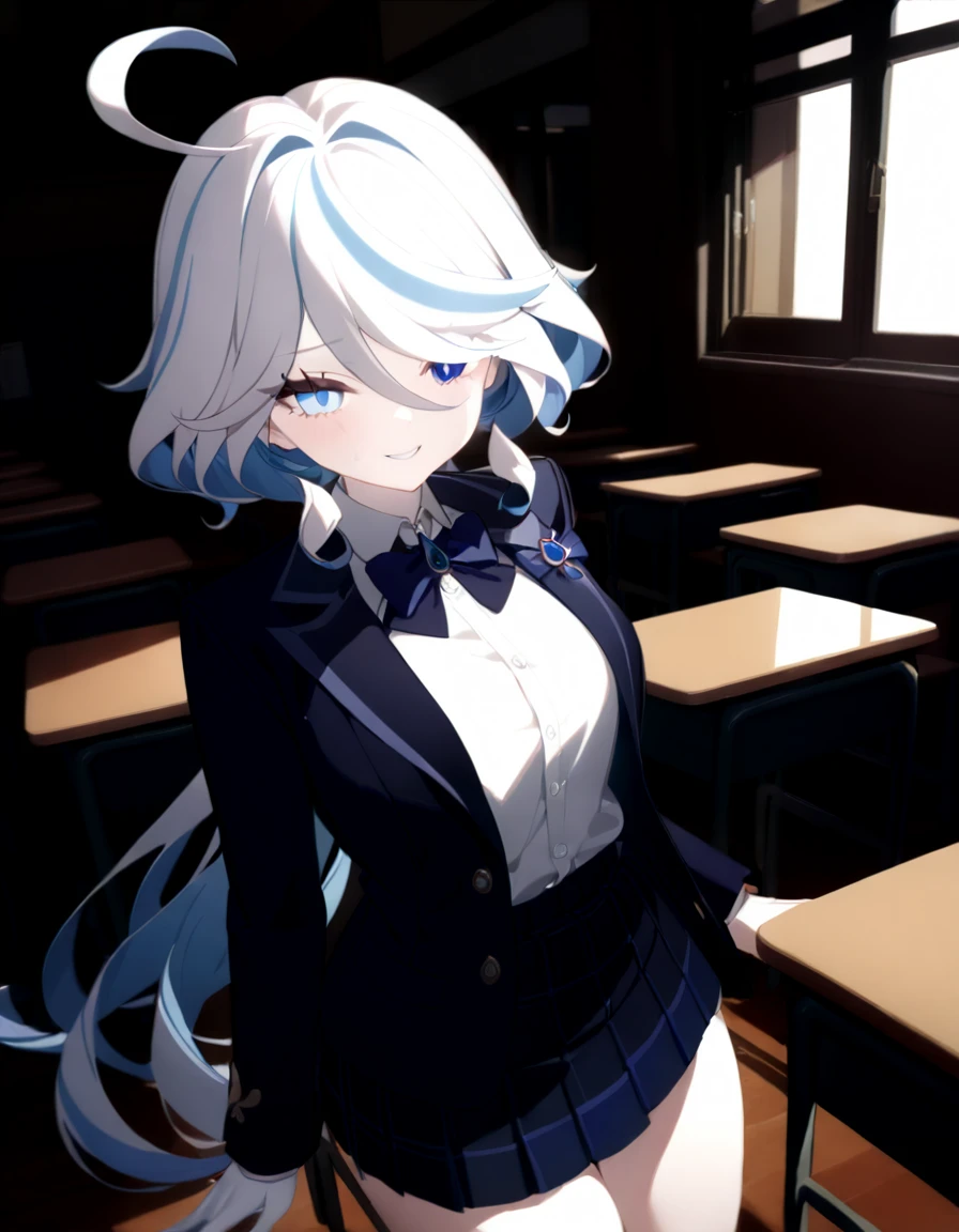 masterpiece, best quality, perfect features, intricate details, ray tracing, newest,(hitenkei, askzy:0.4), 1girl, furina \(genshin impact\), heterochromia, , blazer, collared shirt, bowtie, checkered skirt, evil smile, classroom, indoors, cowboy shot, depth of field