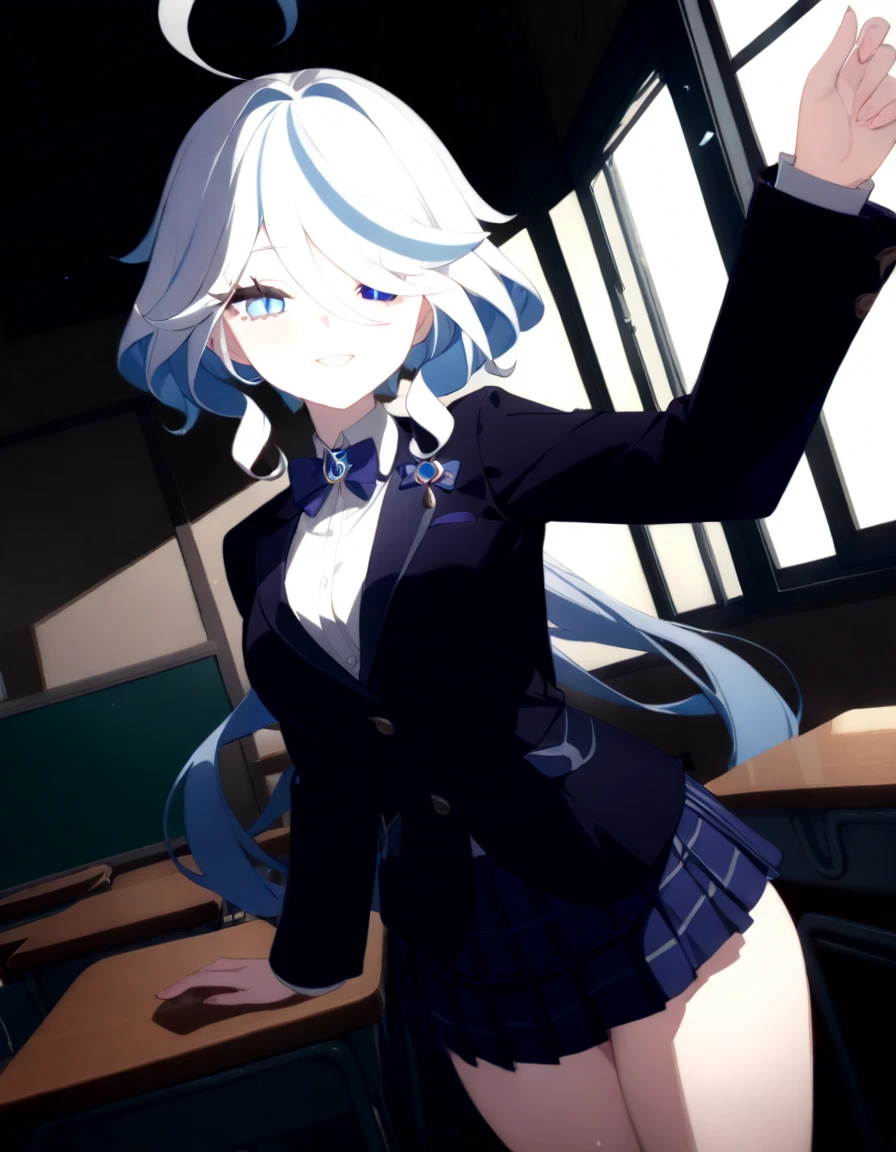 masterpiece, best quality, perfect features, intricate details, ray tracing, newest,(hitenkei, askzy:0.4), 1girl,  furina \(genshin impact\), heterochromia, , blazer, collared shirt, bowtie, checkered skirt, evil smile, classroom, indoors, cowboy shot, depth of field  