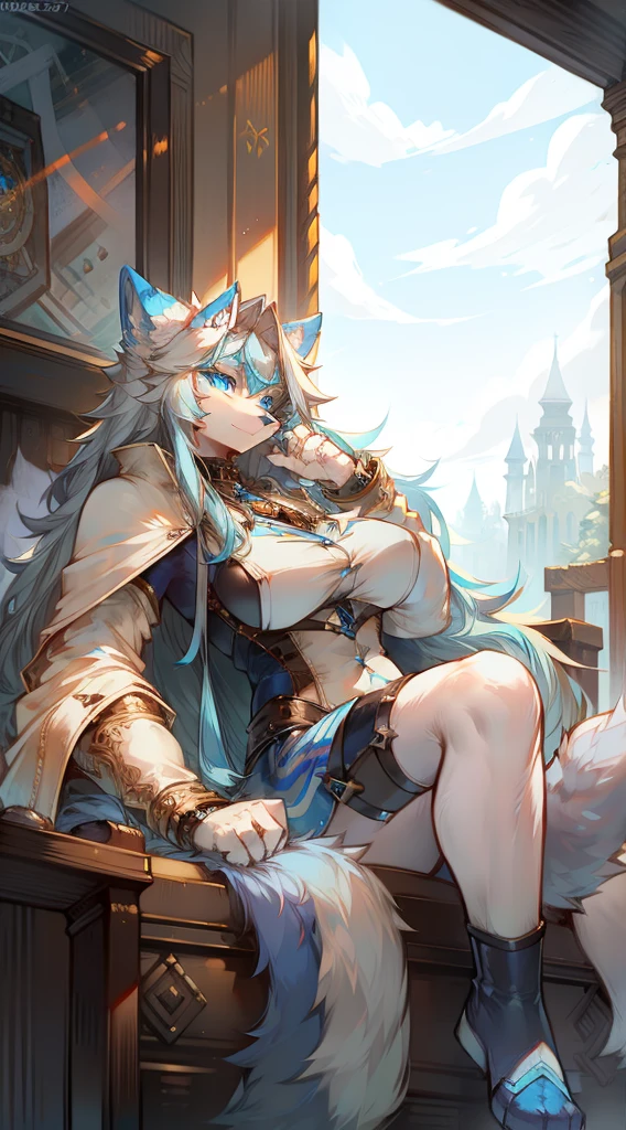 In steampunk style，Big-tailed wolf，blue color eyes，grey long hair，Modern white coat