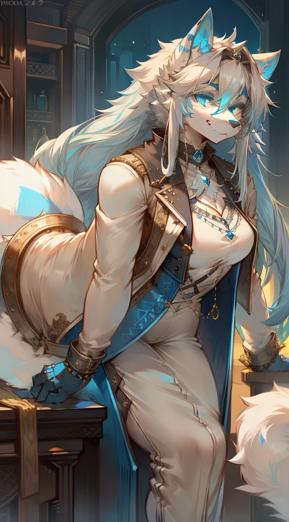 In steampunk style，Big-tailed wolf，blue color eyes，grey long hair，Modern white coat