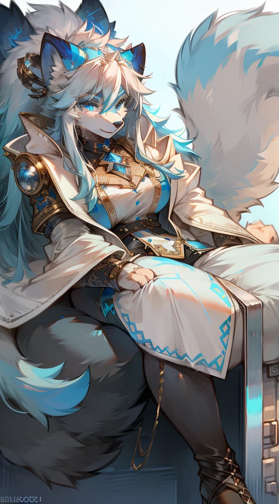 In steampunk style,Big-tailed wolf,blue color eyes,grey long hair,Modern white coat