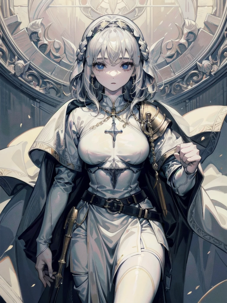 whole body, Joan of Arc, absurdres, RAW photo, extremely delicate and beautiful, masterpiece, Best Quality, ultra high resolution, 32k, hyperrealistic, ultra-detailed, perfect figure, detailed description, pale skin, 20 years old, detailed beautiful face and eyes, tearful mole, earring, short medium hair, wavy hair, 