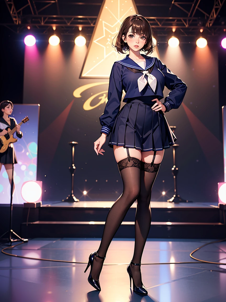 (masterpiece, Highest quality:1.2), One Girl, alone, whole body, Big Breasts,, Brown Hair,Big Breasts, Brown eyes, Mature Woman, blush, , she is standing on the street,whole body, Brown Hair, lipstick, ランダムなカラーのSailor suit、((High quality fabric, Sailor suit, Navy Pleated Skirt)), ((Short length)), zettai ryouiki, Exposing your thighs, White skin, (Black garter stockings), ((Wear black high heels)),, (Show me your skirt flipping up:1.2), (I like showing my crotch to the audience......, ), pubic hair,