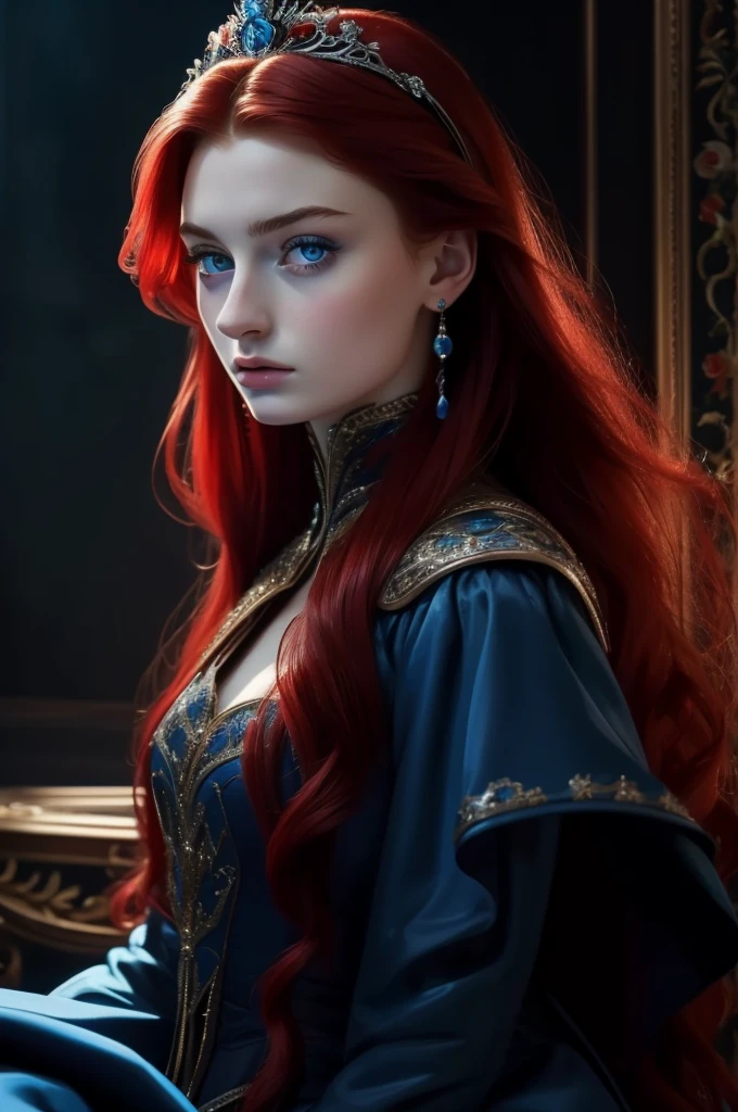 16 year old Sophie Turner, ultra detailed face, ultra detailed blue eyes, long red hair, (dress, long skirt), tiara, winter, (((masterpiece)))