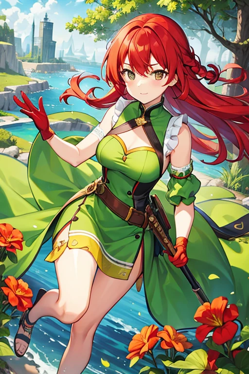 young woman, long red hair, lime green dress, brown gloves, ornithologist