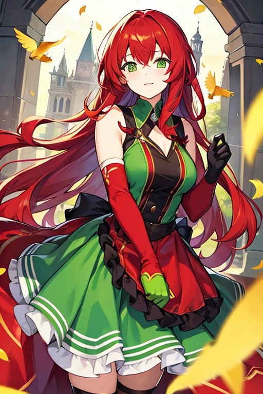 young woman, long red hair, lime green dress, brown gloves, ornithologist 