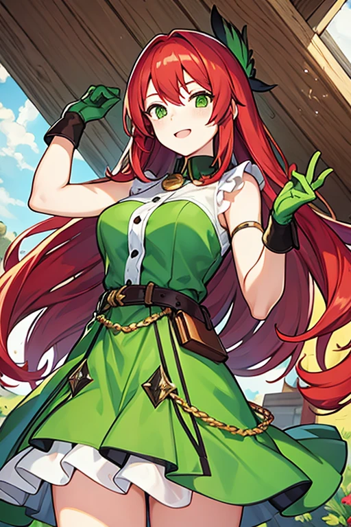 young woman, long red hair, lime green dress, brown gloves, ornithologist 