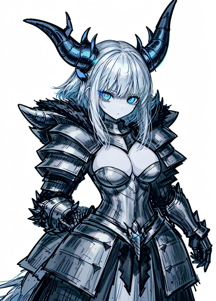 1girl ,white hair,blue eyes, pale skinned beast, white dragon, dragon horns, polar, ice knight , heavy armor,  nice clothes, archer, (high resolution, high detail, best quality), calm, big breasts