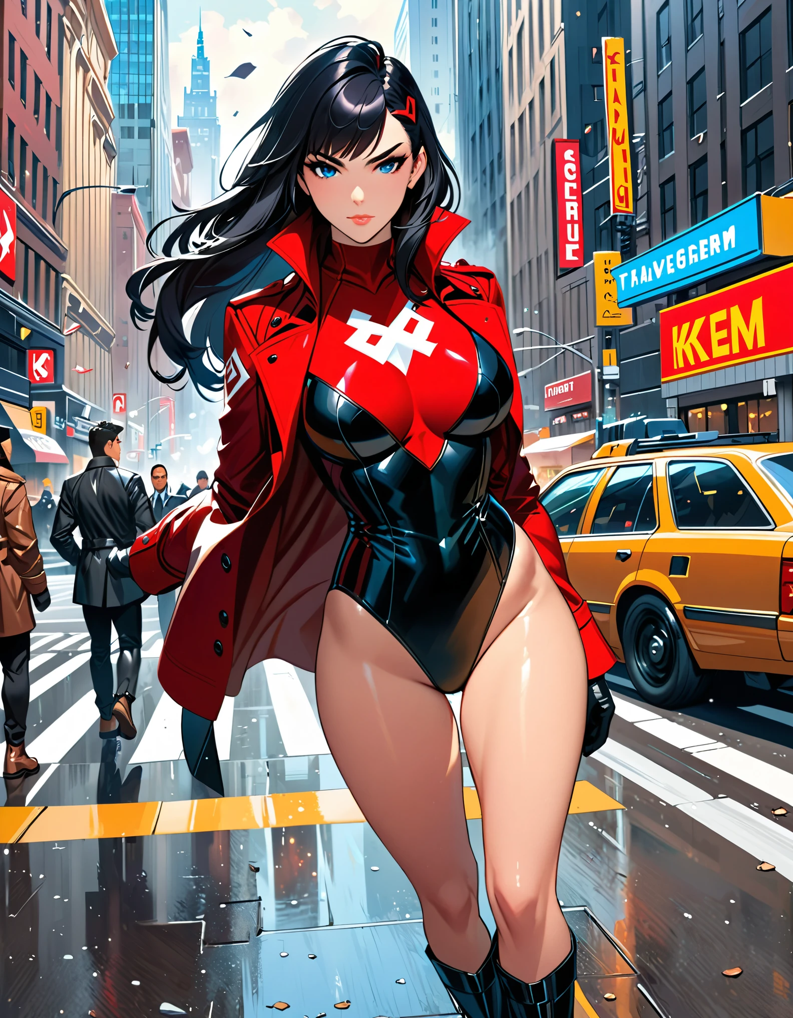 anime girl in a red and black suit standing on a city street, extremely detailed artgerm, style artgerm, style ivan talavera and artgerm, krenz cushart and artgerm, range murata and artgerm, artgerm style, in the style artgerm, ig model | artgerm, artgerm detailed, black hair, long hair, medium hair, blue eyes, (leotard), bare legs, matching boots and gloves, superhero, bracelets, solo, solo focus, (silver (v) (symbol) on chest), (matching trench coat).