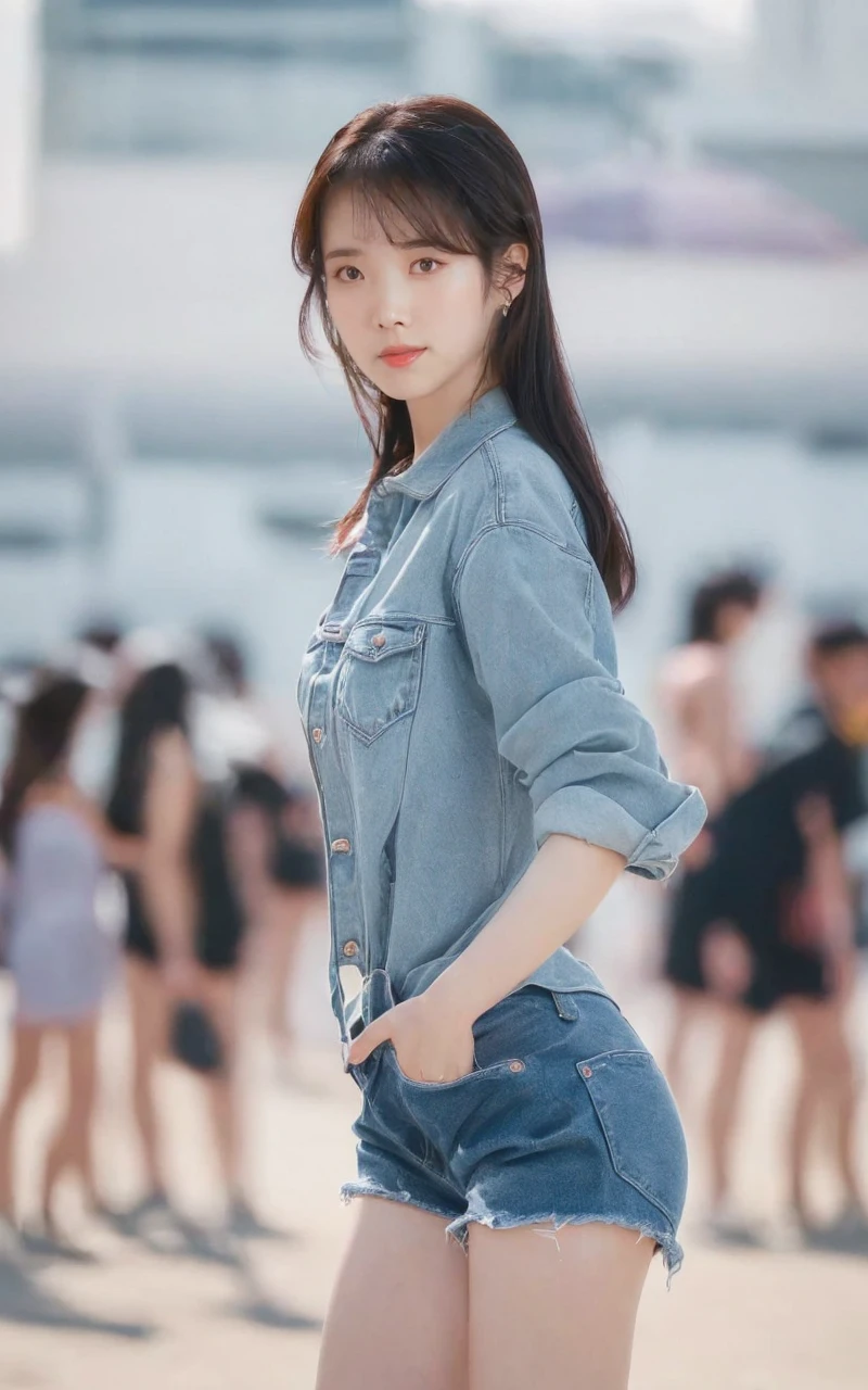 (Best quality, 8k, 32k, Masterpiece, UHD:1.2), 1girl, beautiy Japanese woman, a woman in denim shorts posing on the beach at sunset, Lee Ji Eun, hot with shining sun, hwang se - on, casual pose, lee ji-eun, lee ji - eun, gorgeous young korean woman, korean girl, beautiful young korean woman, korean women's fashion model, sakimichan, IU