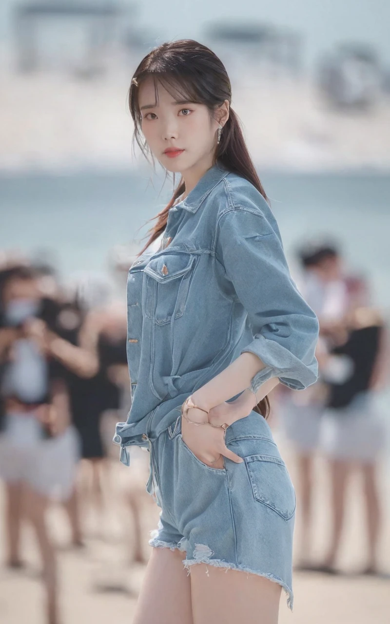 (Best quality, 8k, 32k, Masterpiece, UHD:1.2), 1girl, beautiy Japanese woman, a woman in denim shorts posing on the beach at sunset, Lee Ji Eun, hot with shining sun, hwang se - on, casual pose, lee ji-eun, lee ji - eun, gorgeous young korean woman, korean girl, beautiful young korean woman, korean women's fashion model, sakimichan, IU