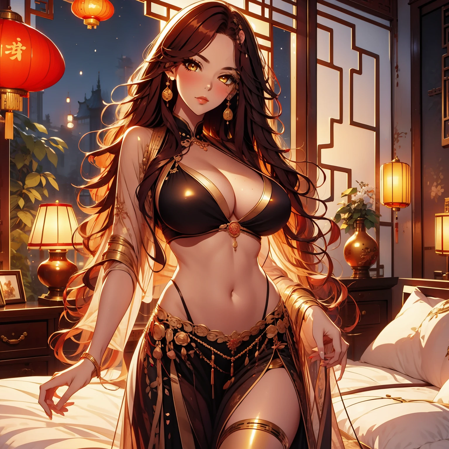 beautiful, marika, queen marika, black dress, deep cleavage, wavy red hair, golden eyes, bra, sexy, sensual, dancing, chinese style bedroom, night, flowers, belly dance, sensual dancer, seduce,