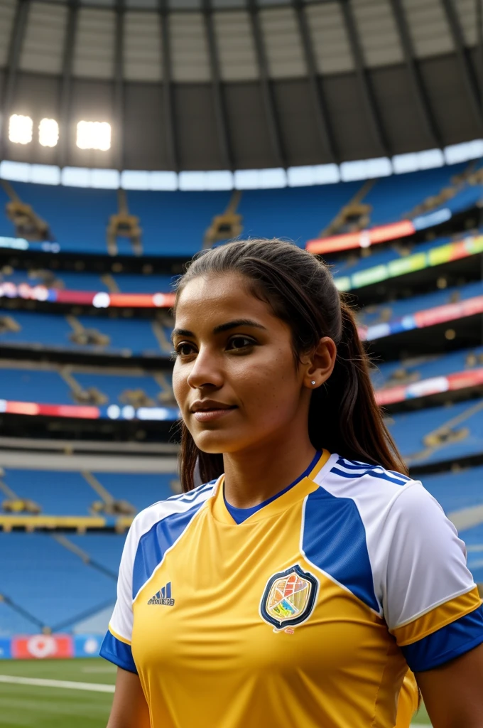 Woman in a stadium with a shirt from the Colombian national team that has the name yamile on the back of the shirt