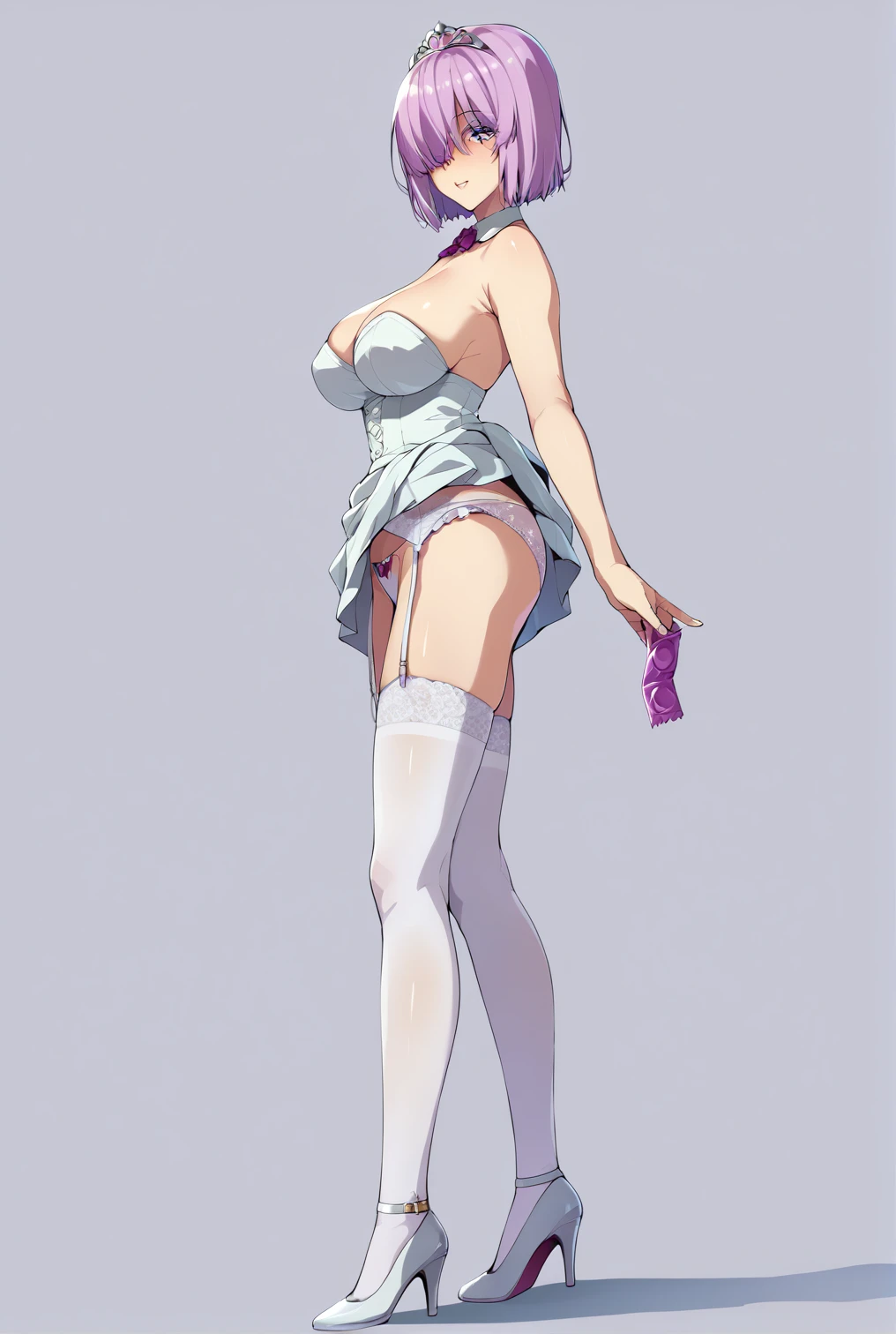 Put a condom around your waist、front、Ultra-detailed illustrations、Ultra-precise expression、masterpiece、Highest quality、ultra High resolution、High resolution、Hiromitsu Takeda Style、Angle from the side、White background、Simple Background、Character portrait、One girl、solo、Mash Kyrielight、light purple hair,short hair,hair over one eyes、Wedding dress、Heart Tiara、White high heelini skirt、White tights、Frill Panties、garter belt、