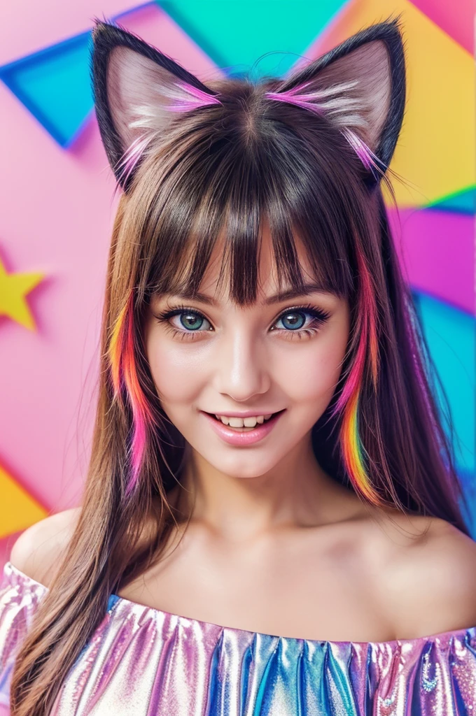 (masterpiece, best quality), ((1girl, (mature female) long hair), (star-shaped pupils, +_+, symbol-shaped pupils, sparkling eyes), (cat ears, open open mouth)), (looking at viewer, light smile, off shoulder), (abstract, multicolored background, abstract background, chromatic aberration),