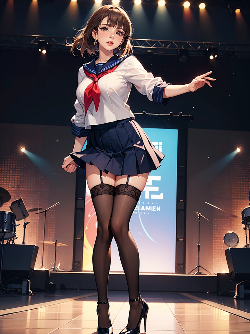 (masterpiece, Highest quality:1.2), One Girl, alone, whole body, Big Breasts,, Brown Hair,Big Breasts, Brown eyes, Mature Woman, blush, , she is standing on the street,whole body, Brown Hair, lipstick, ランダムなカラーのSailor suit、((High quality fabric, Sailor suit, Navy Pleated Skirt)), ((Short length)), zettai ryouiki, Exposing your thighs, White skin, (Black garter stockings), ((Wear black high heels)),, (Show me your skirt flipping up:1.2), (I like showing my crotch to the audience......, ), pubic hair,