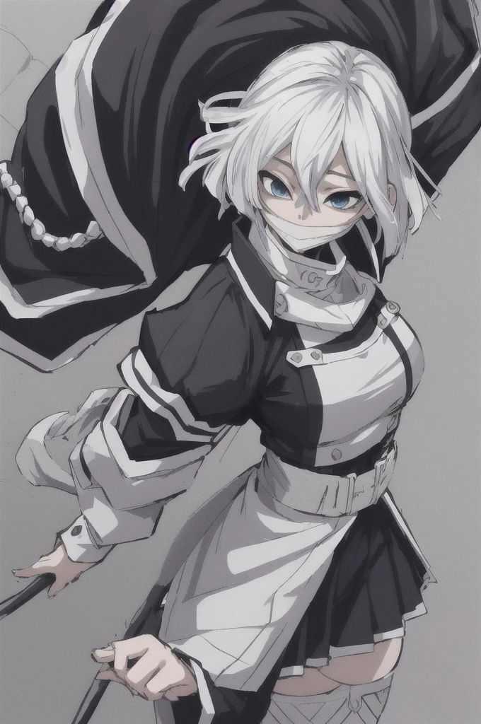 girl with short white hair, blue eyes, demon slayer uniform, black haori, highly detailed high contrast hd masterpiece of best quality in high resolution ((without the mask of the mouth)) ((more feminine))