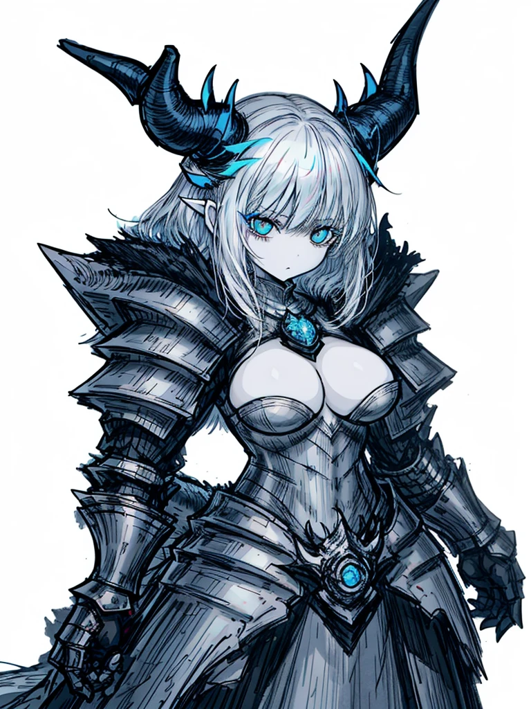 1girl ,white hair,blue eyes, pale skinned beast, white dragon, dragon horns, polar, ice knight , heavy armor, nice clothes, archer, (high resolution, high detail, best quality), calm, big breasts