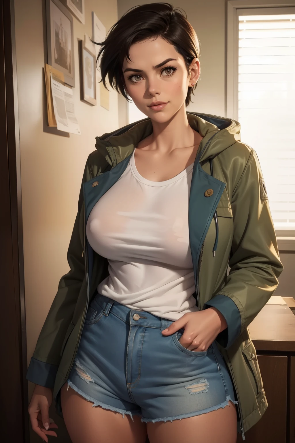 1girl,tomboy,lois lane,jacket,big breasts,shorts,(masterpiece,mature,detailed, high quality),naughty,smirk, white T-shirt, shorts, cowboy shot, tan skin