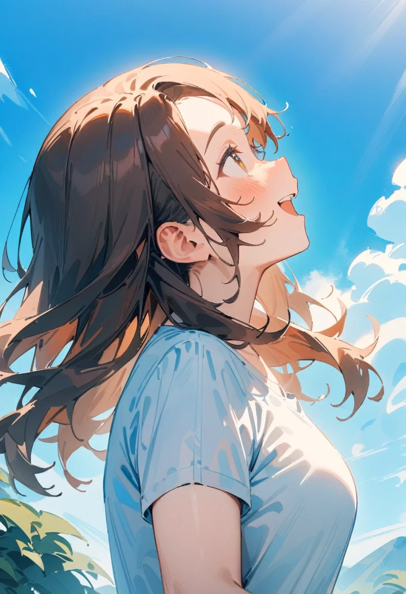 masterpiece, best quality, very aesthetic, absurdres, newest, 1girl, solo, asymmetrical bangs, tareme, long hair, brown hair, shirt, smile, upper body, short sleeves, outdoors, open mouth, sky, day, cloud, blue sky, from side, sunlight, looking up,