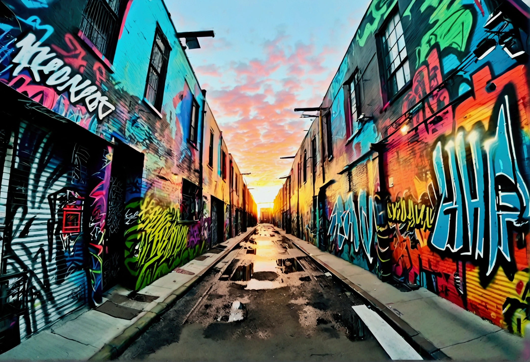 A colorful graffiti-covered urban alley, fisheye lens, instant camera, twilight street scene, gritty urban expression, vibrant colors, dynamic composition, photorealistic, 8k, highly detailed