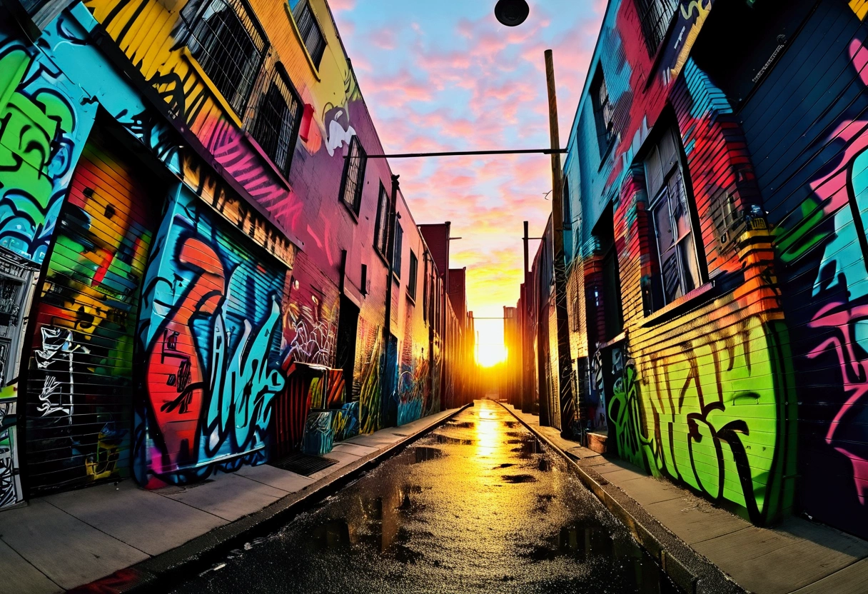 A colorful graffiti-covered urban alley, fisheye lens, instant camera, twilight street scene, gritty urban expression, vibrant colors, dynamic composition, photorealistic, 8k, highly detailed