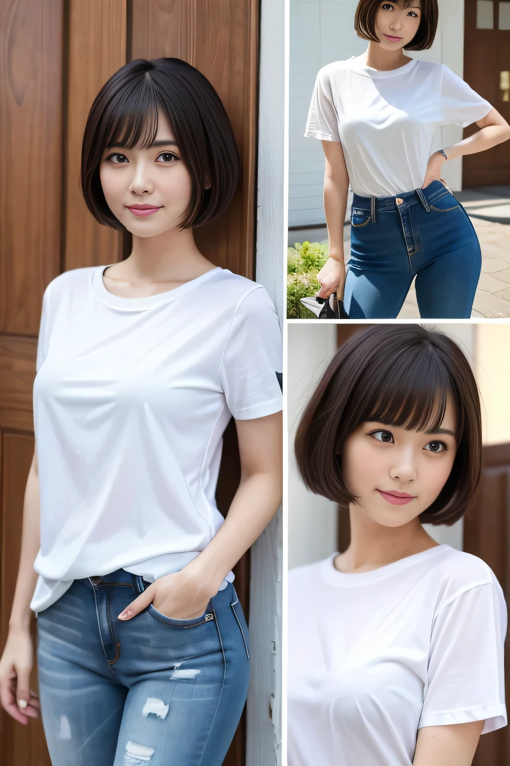 (masterpiece:1.4), (Highest quality:1.4), 4K, 8K, 超High resolution, 超High resolutionolution, Super detailed, ((Detailed facial features)), High resolution, (Realistic, photoRealistic, photo-Realistic:1.37),、Full body photo、Pictured from head to toe、One Japanese woman、28-year-old newlywed housewife、Standing in front of the front door、One-length short bob cut、T-shirt and jeans、