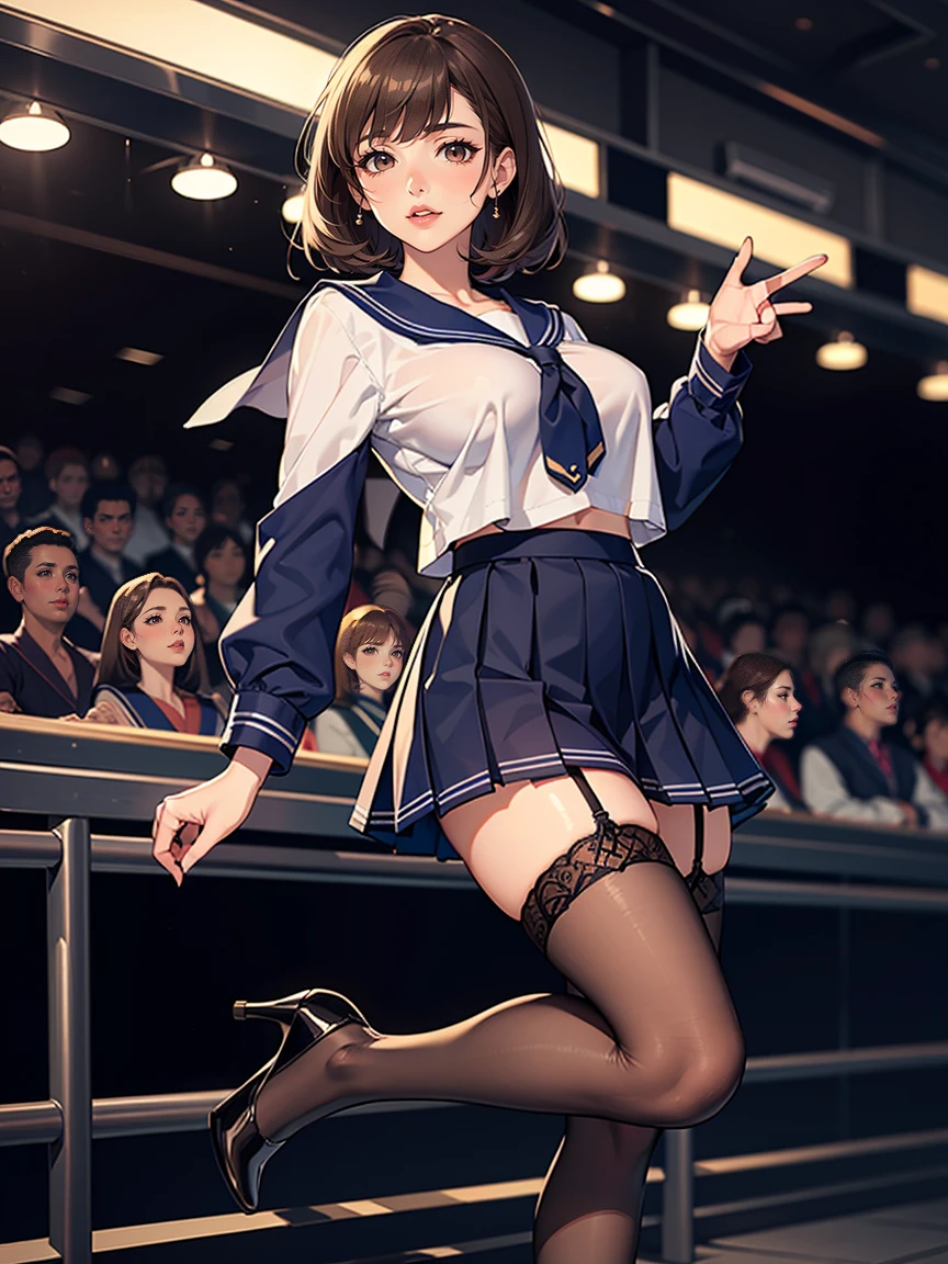 (masterpiece, Highest quality:1.2), One Girl, alone, whole body, Big Breasts,, Brown Hair,Big Breasts, Brown eyes, Mature Woman, blush, , she is standing on the street,whole body, Brown Hair, lipstick, ランダムなカラーのSailor suit、((High quality fabric, Sailor suit, Navy Pleated Skirt)), ((Short length)), zettai ryouiki, Exposing your thighs, White skin, (Black garter stockings), ((Wear black high heels)),, (Show me your skirt flipping up:1.2), (I like showing my crotch to the audience......, ), pubic hair,