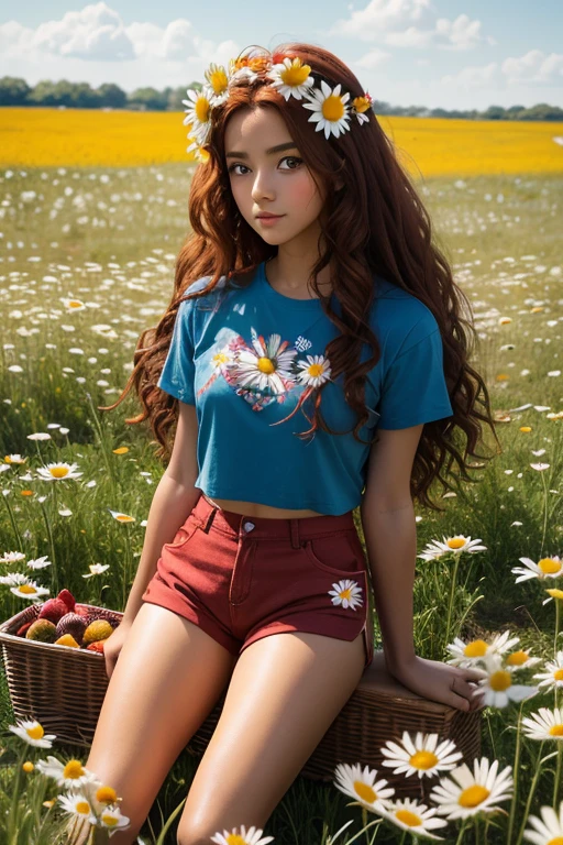 (Kizi:1.2),standing alone, (long red and curly hair:1.1), eyes browns, Wearing a daisy crown on her head, Sit in a field of daisies, (fruit basket:1.1), blue shorts, Red shirt,,cru,photographic,photo shadows,real,ridiculous,Aesthetics,chic