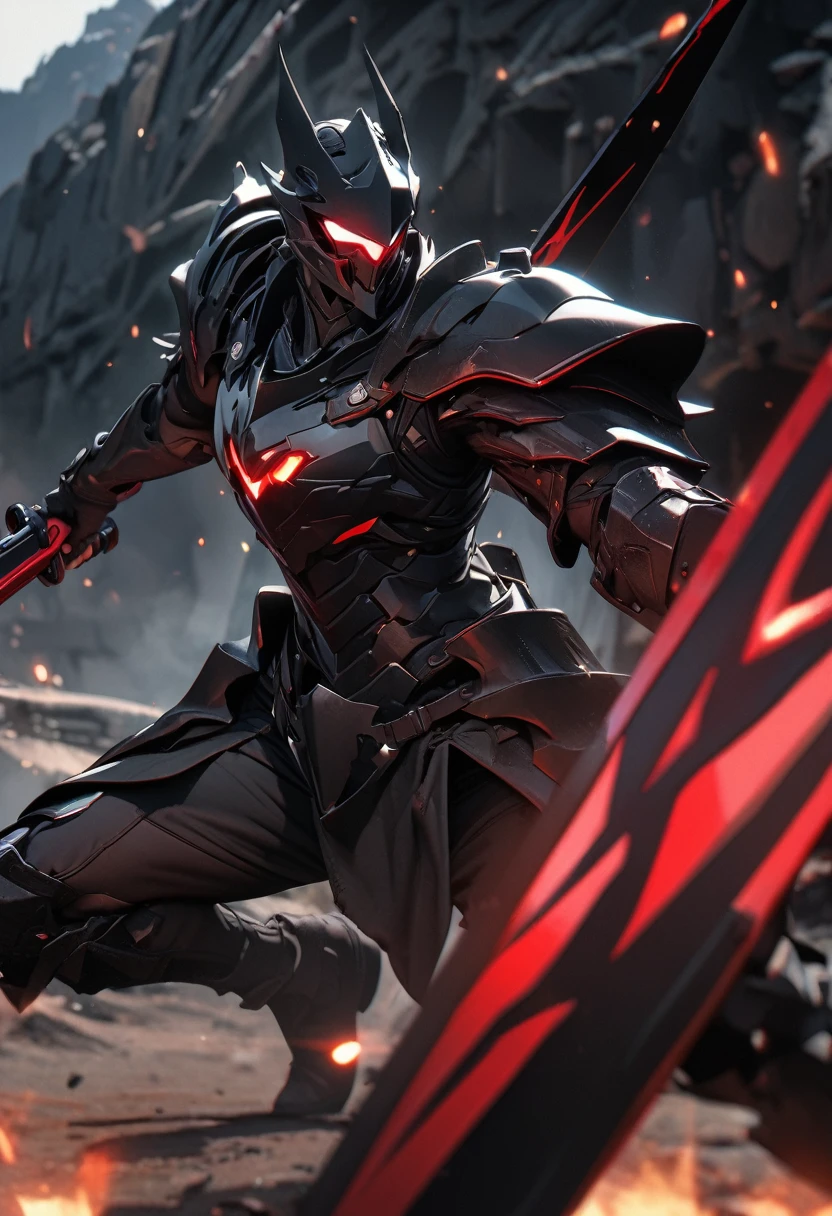 masterpiece, 8k, best quality, highly detailed, warrior in pitch black high tech armor, wielding a longsword made of pitch black & red steel