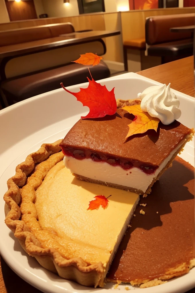 Create a sweet pie with an autumn leaf on top in a comfortable diner