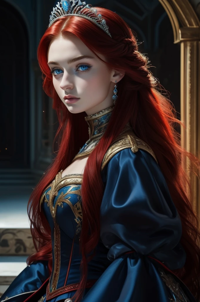 16 year old Sophie Turner, ultra detailed face, ultra detailed blue eyes, long red hair, (dress, long skirt), tiara, winter, (((masterpiece)))